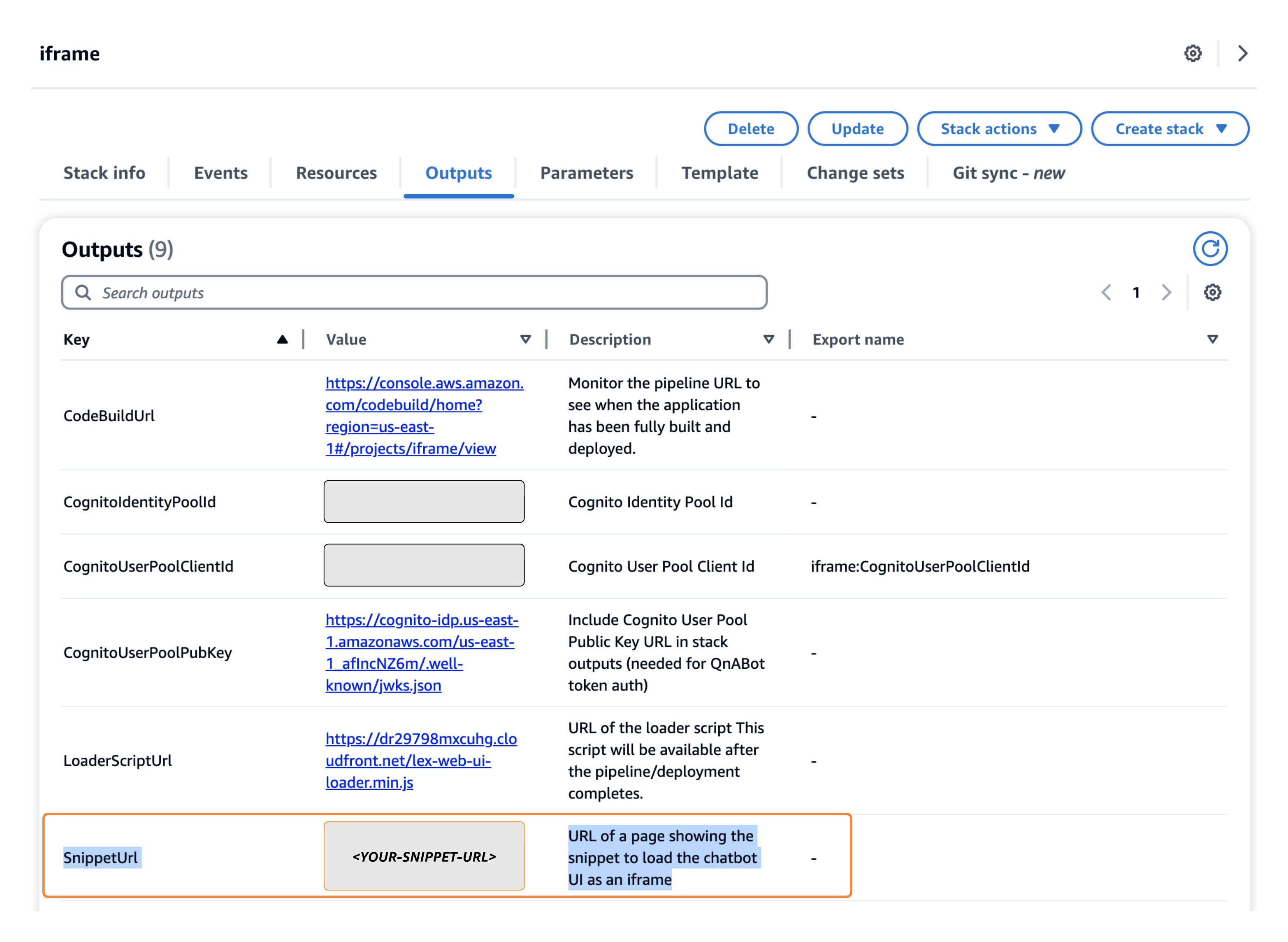 CloudFormation Outputs Lex Web UI Snippet URL