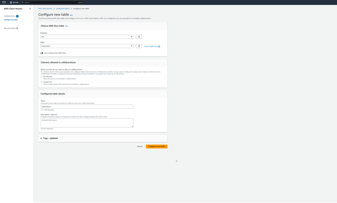 Create a configured table and set analysis rules